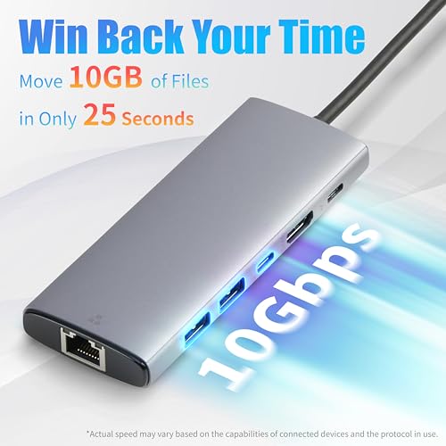 Amazon Basics 6-in-1 USB-C 3.2 (10G) Hub, 1 USB-C 100W PD Input, 2 USB-A, 1 USB-C, HDMI 4K, Ethernet, Light Grey, 11.94 x 4.6 x 1.5cm