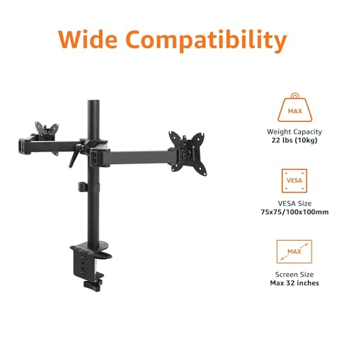 Amazon Basics Adjustable Dual Computer Monitor Arm Mount, Holds up to 32" Monitors, Black