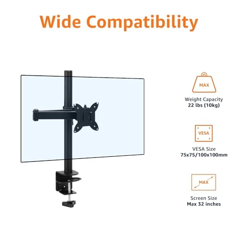 Amazon Basics Adjustable Single Computer Monitor Desk Mount Arm, Holds up to 32" and Ultrawide Monitors, Black view 2