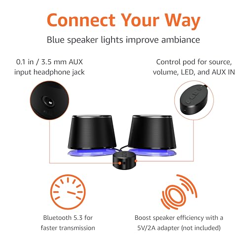 Amazon Basics Bluetooth Computer Speakers with USB 3.0 and Blue Lighting