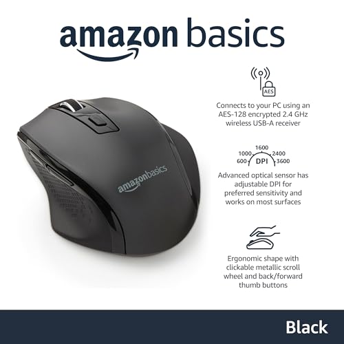 Amazon Basics Computer Mouse Wireless, Ergonomic, 2.4 GHz Optical, DPI Adjustable, Compatible With PC, Mac, Laptop, Black