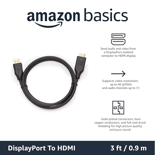 Amazon Basics DisplayPort to HDMI Cable, Uni-Directional, Gold-Plated, Video and Audio, 3 Foot, Black view 2