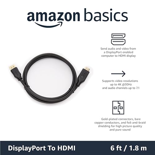 Amazon Basics DisplayPort to HDMI Cable, Uni-Directional, 4K@30Hz, 1920x1200, 1080p, Gold-Plated Connectors for Enhanced Picture Quality and Sound, 6 ft, Black view 2