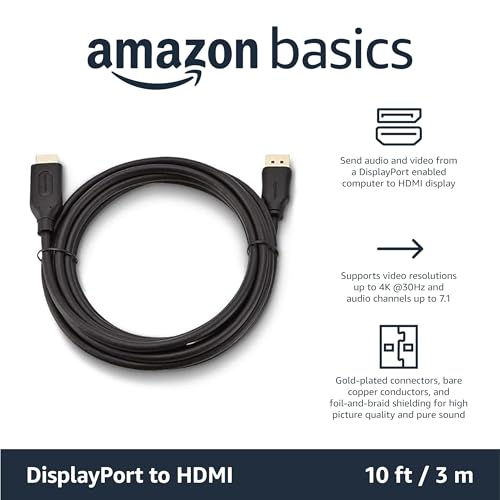 Amazon Basics DisplayPort to HDMI Cable, Uni-Directional, 4k@30Hz, 1920x1200, 1080p, Video and Audio, Gold-Plated Connectors, 10 Foot, Black view 2