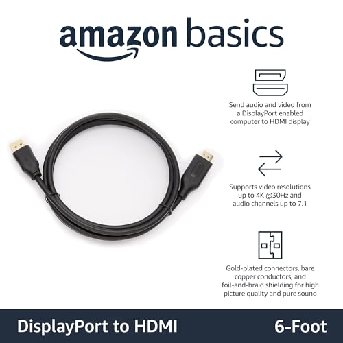 Amazon Basics DisplayPort to HDMI Display Cable, Uni-Directional, 6 ft - Case of 52, Black