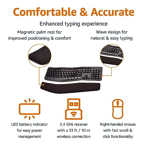 Amazon Basics Ergonomic Wireless Keyboard and Mouse Combo for Comfortable PC and Laptop Use, 2.4 GHz USB, Black