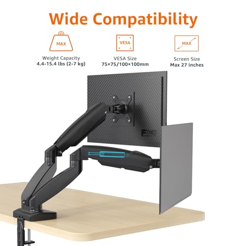 Amazon Basics Gas Spring Dual Computer Monitor Arm Mount, Adjustable, Holds up to 27" Monitors, Black