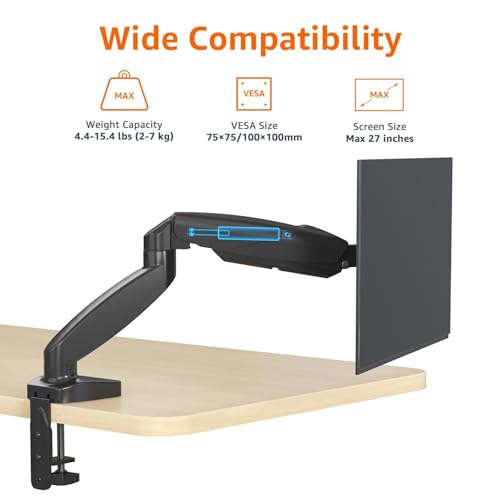 Amazon Basics Gas Spring Single Computer Monitor Arm Mount, Adjustable, Holds up to 27" Monitors, Black