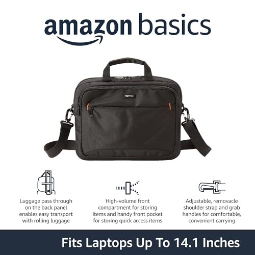 Amazon Basics Laptop Tablet Carrying Case with Shoulder Strap and Grab Handles, 14-inch, Black, Compartments for Storage view 3