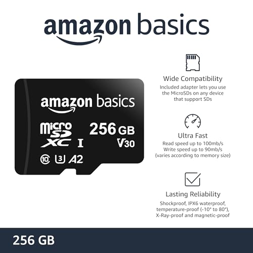 Amazon Basics Micro SDXC Memory Card with Full Size Adapter, A2, U3, Read Speed up to 100 MB/s, 256 GB, Black
