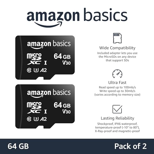Amazon Basics microSDXC Memory Card with Full Size Adapter, A2, U3, Read Speed up to 100 MB/s, 64GB, Black (2pack) view 2