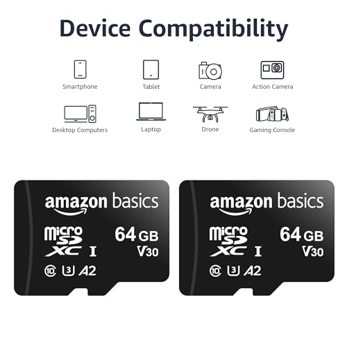 Amazon Basics microSDXC Memory Card with Full Size Adapter, A2, U3, Read Speed up to 100 MB/s, 64GB, Black (2pack) view 3