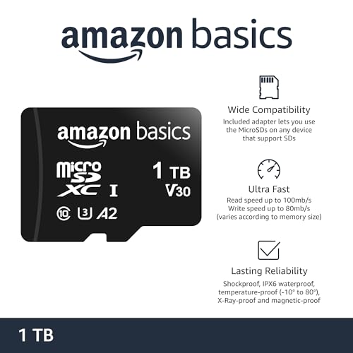 Amazon Basics microSDXC Memory Card with Full Size Adapter, A2, U3, Read Speed up to 100 MB/s, 1 Tb, Black
