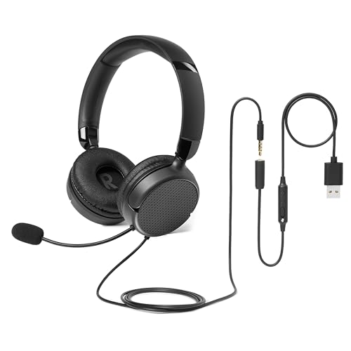 Amazon Basics On Ear Wired Computer Headset with Adjustable Microphone, 3.5mm Port or in-Line Control with USB-A Port, Foldable, Clear Sound, Small/Medium Size, Black