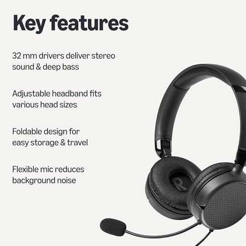 Amazon Basics On Ear Wired Computer Headset with Adjustable Microphone, 3.5mm Port or in-Line Control with USB-A Port, Foldable, Clear Sound, Small/Medium Size, Black view 2