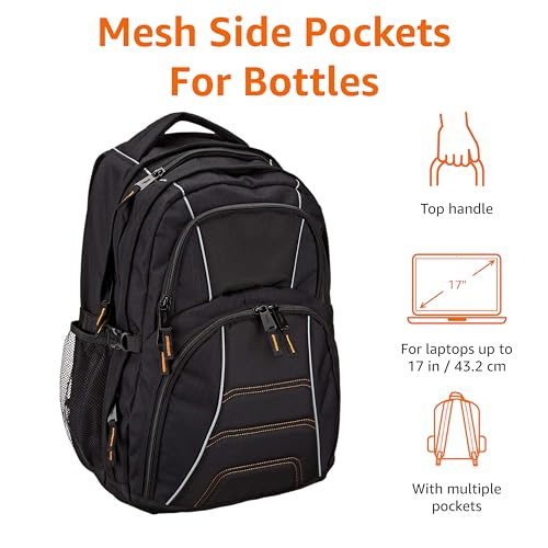 Amazon Basics Padded Laptop Backpack with Water Bottle Pockets, Travel Work Bag with Compartments, Fits Up to 17-Inch Laptops, Black view 3