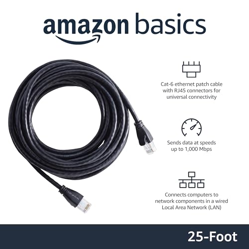 Amazon Basics RJ45 Cat-6 Ethernet Network Cable for Fast Gaming, 1Gbps Transfer Speed, Gigabit Ethernet, Gold-Plated Connectors, Router Modem Switch, 25 ft/7.6m, Black view 2