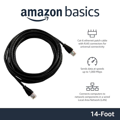 Amazon Basics RJ45 Cat-6 Ethernet Patch Cable, 1Gpbs Transfer Speed, Gold-Plated Connectors, 14 Foot, for PC, TV, Tablet, Router, Printer, Gaming, Black view 2