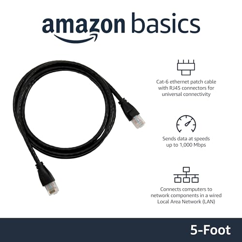 Amazon Basics RJ45 Cat-6 Ethernet Patch Internet Cable, 1Gbps Transfer Speed, Gold-Plated Connectors, Universal Connectivity for PC, TV, Tablet, Router, Printer, 5 Foot, Black view 2
