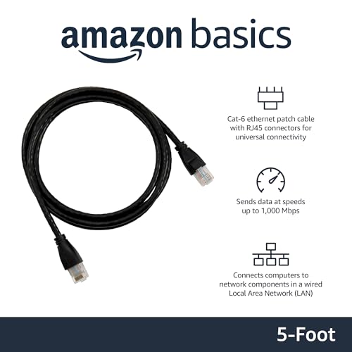 Amazon Basics RJ45 Cat-6 Ethernet Patch Internet Cable, 1Gpbs Transfer Speed, Gold-Plated Connectors, Network Cable, 5-Foot, Black, 5-Pack view 2