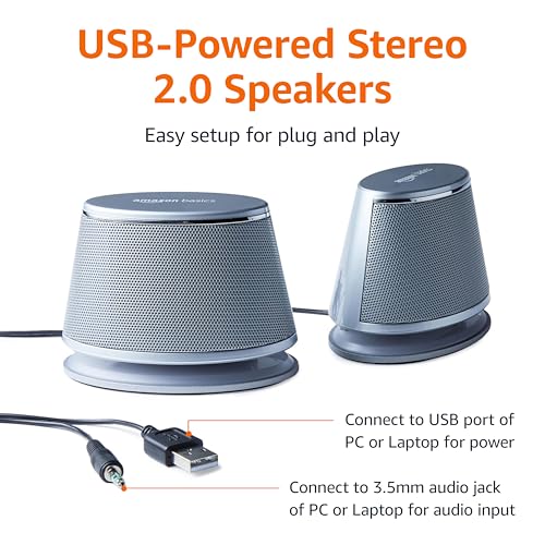 Amazon Basics Stereo 2.0 Speakers for PC or Laptop with Volume Control, 3.5mm Aux input, USB-Powered, 1 Pair, Silver