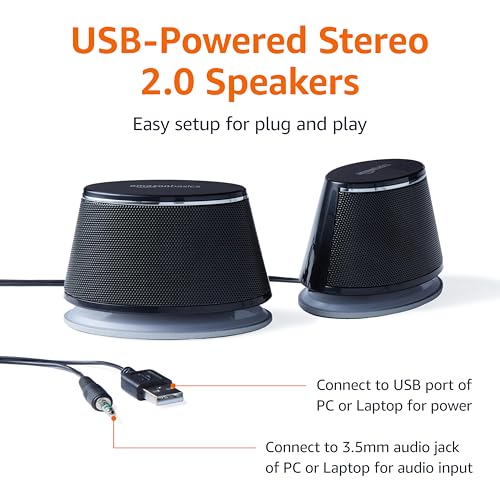 Amazon Basics Stereo 2.0 Speakers for PC or Laptop, 3.5mm Aux input, USB-Powered, 1 Pair, Black