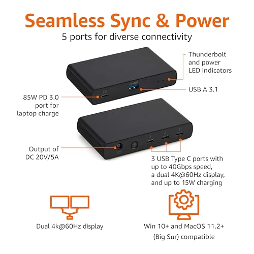 Amazon Basics Thunderbolt 4 Docking Station, Dual 4K@60Hz Display Support, 85W Power Delivery, 3X Downstream TBT4, 1xUSB A 3.1, Mac/Windows Compatible, Black, 4.76 x 2.84 x 0.86 inches view 2