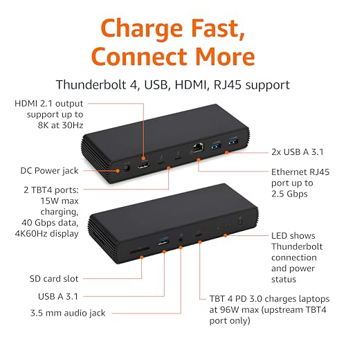 Amazon Basics Thunderbolt 4 Pro Docking Station, Dual 4K Monitor Support, 8K Display, 2xTBT4, 1xHDMI2.1, 3xUSB A 3.1, RJ45 Ethernet, Black, 7.86 x 2.95 x 1.23 inches view 2