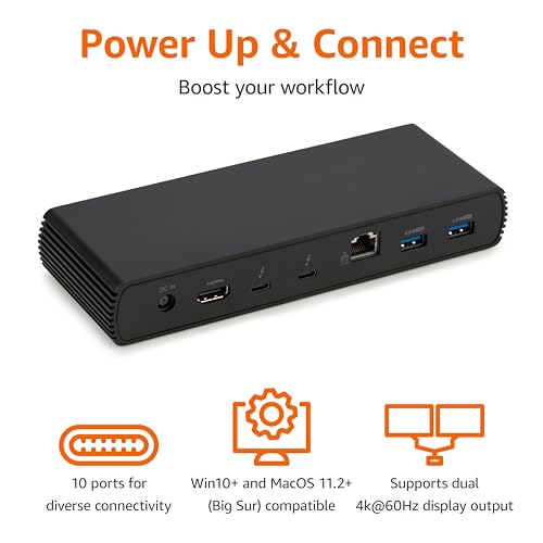 Amazon Basics Thunderbolt 4 Pro Docking Station, Dual 4K Monitor Support, 8K Display, 2xTBT4, 1xHDMI2.1, 3xUSB A 3.1, RJ45 Ethernet, Black, 7.86 x 2.95 x 1.23 inches view 3