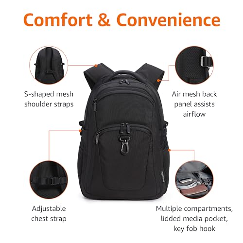 Amazon Basics Travel Laptop Backpack with Multiple Pockets and Compartments for 15.6 inch Laptop, Water Resistant, Spacious with Padded Shoulder Straps, Black view 2