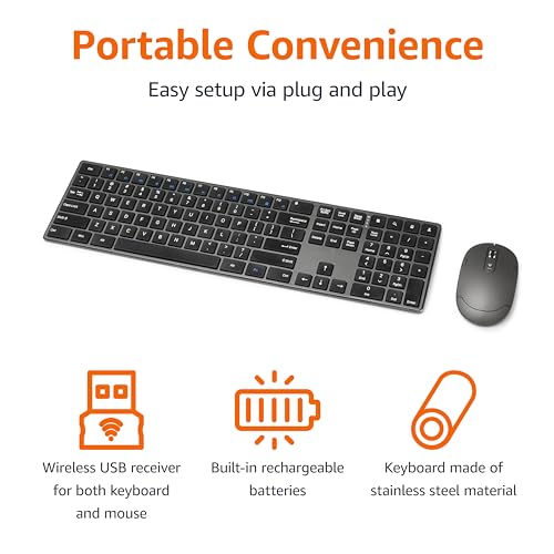 Amazon Basics Ultra Premium Wireless Keyboard and Mouse Combo - Rechargeable, Ultra Slim Design, Quiet, Full Size, Number Pad, Unifying Receiver, Black