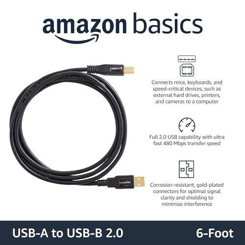 Amazon Basics USB 2.0 Cable, USB-A to USB-B, for Printer or External Hard Drive, Connect to Computer/Laptop/PC, 480 Mbps Transfer Speed, Gold-Plated Connectors, 6 Foot, Black view 2