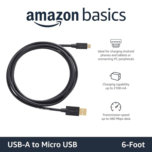 Amazon Basics USB-A to Micro USB Charging Cable, 480Mbps Data Transfer Speed, Gold-Plated Plugs, Compatible with Android Phones and Tablets, 6 Foot, Black view 2