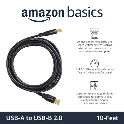 Amazon Basics USB-A to USB-B 2.0 Cable for Printer or External Hard Drive, Gold-Plated Connectors, Black, 10 Foot view 2