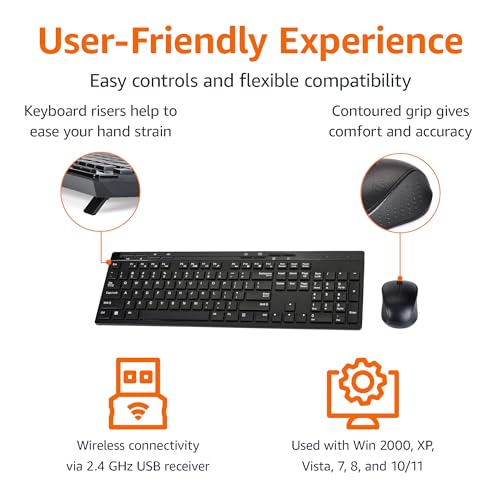 Amazon Basics Wireless Keyboard and Mouse Combo, Full-Sized, QWERTY Layout, 2.4 GHz USB Plug & Play Receiver, Sleek Design, Black