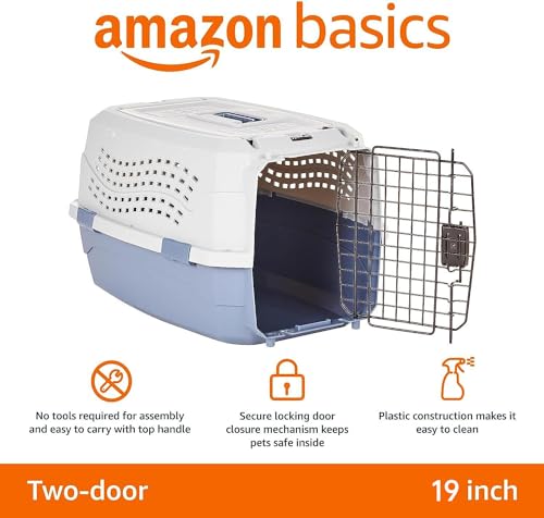 Amazon Basics 2-Door Top-Load Hard-Sided Pet Travel Carrier for Cats and Small Dogs, 19" L x 12.6" W x 10" H, Gray & Blue view 2