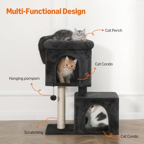 Amazon Basics 30-Inch Cat Tree Tower, Activity Center with 2 Plush Condos, Sisal Scratching Post and Hanging Pompom, Gray view 2