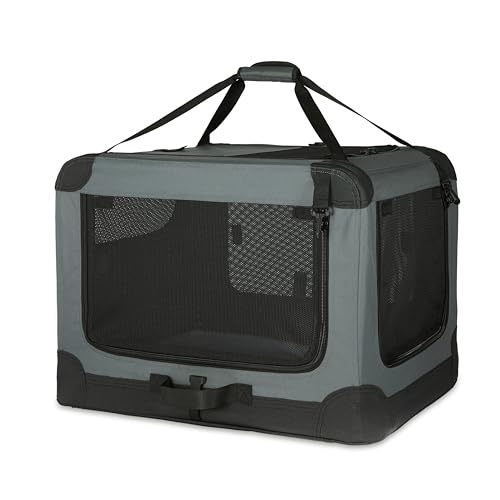 Amazon Basics 4-Door Portable Folding Soft Dog Crate, Collapsible Travel Kennel for Cat, Dog, and Small Animals, Pop Up with Fleece Mat, Water-Resistant Base, Grey, 36" x 24" x 24"