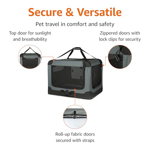 Amazon Basics 4-Door Portable Folding Soft Dog Crate, Collapsible Travel Kennel for Cat, Dog, and Small Animals, Pop Up with Fleece Mat, Water-Resistant Base, Grey, 36" x 24" x 24" view 2