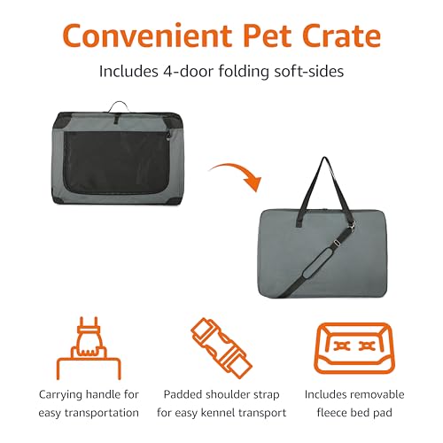 Amazon Basics 4-Door Portable Folding Soft Dog Crate, Collapsible Travel Kennel for Cat, Dog, and Small Animals, Pop Up with Fleece Mat, Water-Resistant Base, Grey, 36" x 24" x 24" view 3