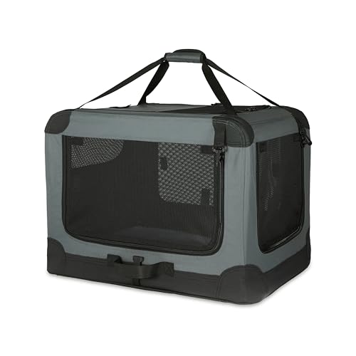 Amazon Basics 4-Doors Portable Soft-Sided Folding Travel Crate Kennel for cat, Dog, and Other Small Animals, Grey, M 30" x 21" x 21"