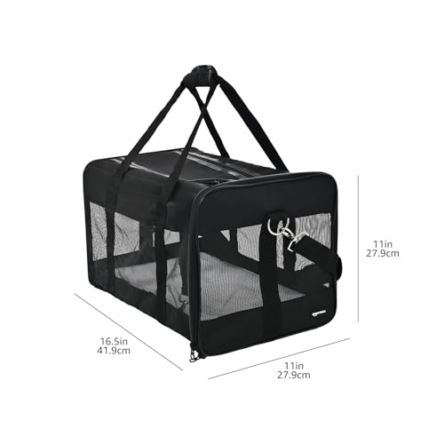 Amazon Basics Airline Approved Soft-Sided Mesh Pet Travel Carrier with Shoulder Strap, Portable, Washable Removable Fleece Pad for Dog, Cat, up to 16 pounds, 16.5" L x 10.6" W x 11" H, Black view 2
