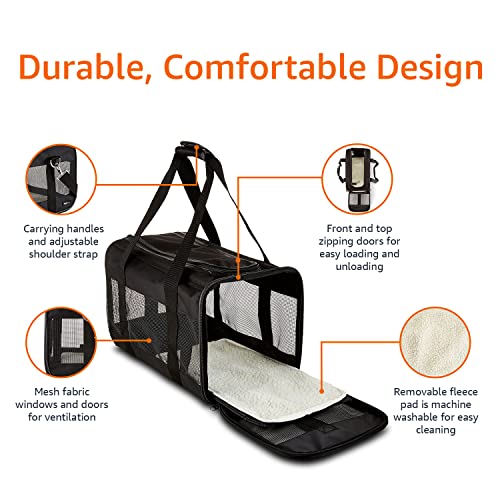Amazon Basics Airline Approved Soft-Sided Mesh Pet Travel Carrier with Shoulder Strap, Removable Washable Fleece Pad, Top Opening, Ventilation for Dog, Cat, up to 22 pounds, 19.7Lx12Wx12H in., Black view 3