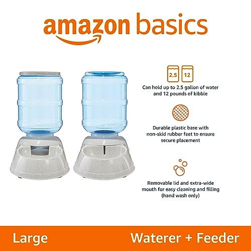 Amazon Basics Automatic Dog Cat Water Dispenser Gravity Feeder and Waterer Set, Large, 12-Pound Food Capacity, 2.5-Gallon, Gray