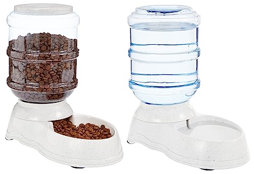 Amazon Basics Automatic Dog Cat Water Dispenser Gravity Feeder Set, Pack of 2, Small, 6-Pound Food Capacity, 1-Gallon, Gray