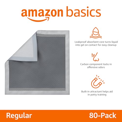 Amazon Basics Carbon Odor Control Dog and Puppy Pee Pads, 5-Layer Leak-Proof Super Absorbent, Quick-Dry Surface for Potty Training, Regular Size 22"x22", Gray, 120 Count view 2