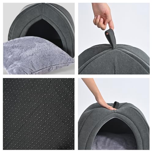 Amazon Basics Cat Cave Bed, 2-in-1 Foldable House for Indoor Cats, with Washable Cushion and Non-Slip Base, 17.5 x 17.5 Inches, Large