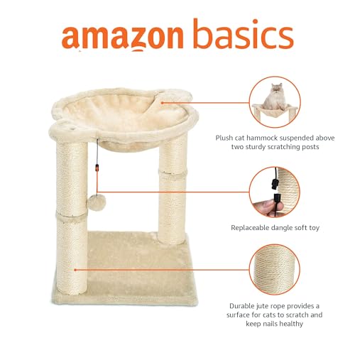 Amazon Basics Cat Condo Tower with Hammock Bed and Scratching Post,Easy to Assemble,Plush Hammock,Interactive Hanging Ball,Durable Sisal Scratch Posts for Indoor Cats, 15.8 x 15.8 x 19.7 Inches, Beige