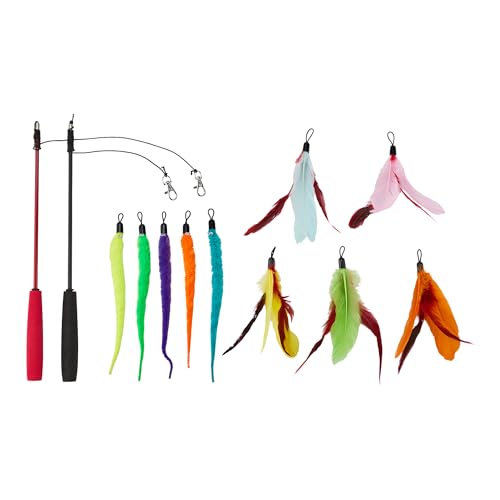 Amazon Basics Cat Feather Toy Kit with 2 Telescoping Wands and 10 Feather Attachments, Natural Feathers, for Adult Cats and Kittens