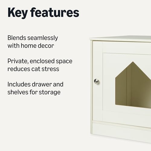 Amazon Basics Cat Litter Box Enclosure, Furniture-Style Cabinet with Drawer and Shelves, Hidden Cat Litter Box, White view 2